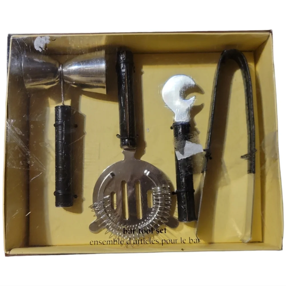Vtg Pier 1 Import 4 Piece Bar Tool Set Bar Measurer Strainer Bottle Opener Tongs